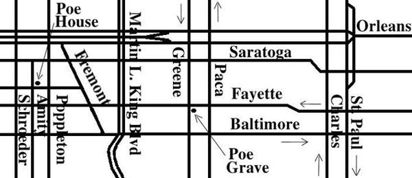 Grayscale map showing location ofPoe House and Grave